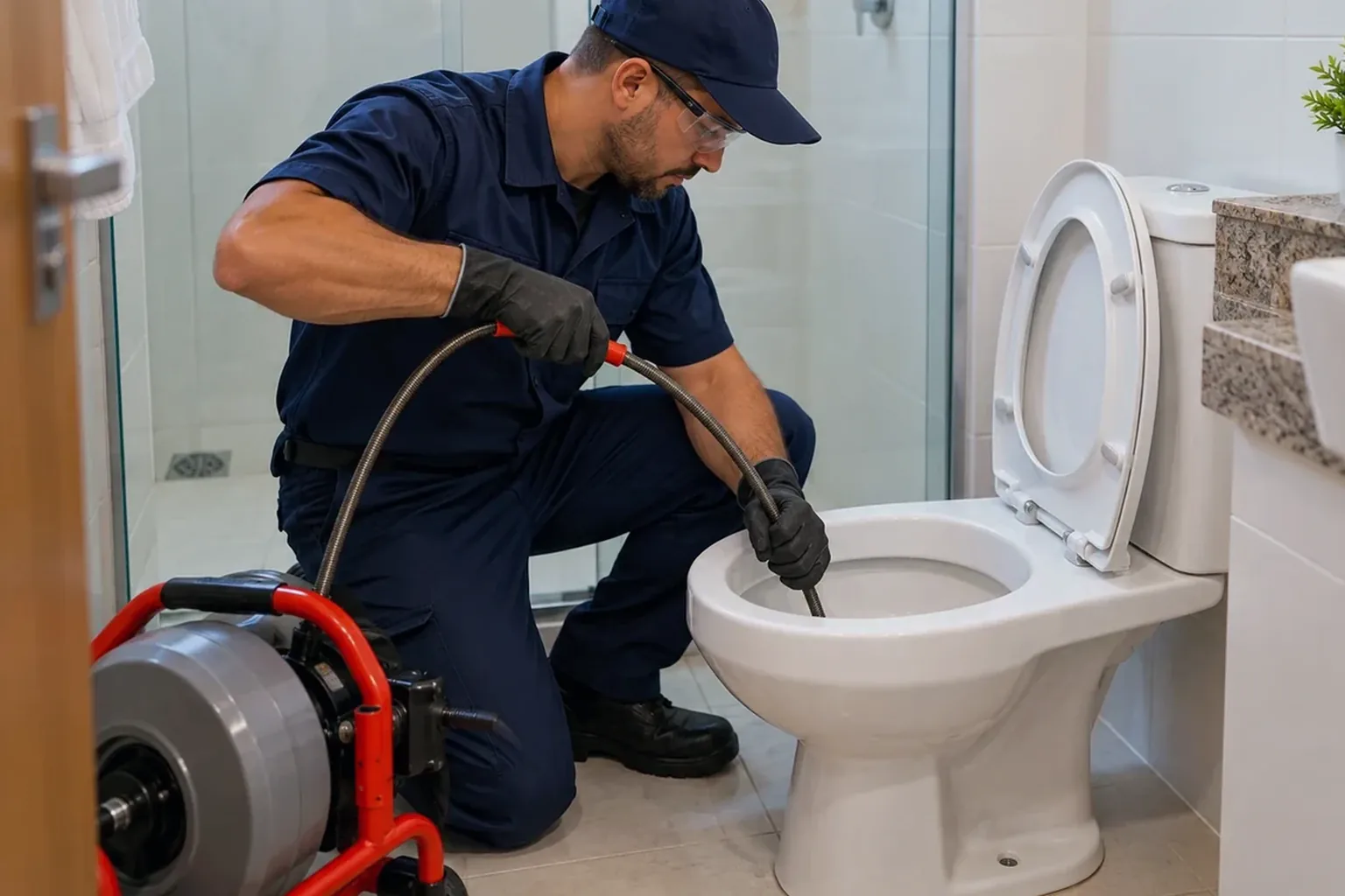 Profissionais desobstruindo um vaso sanitário em Ituiutaba.