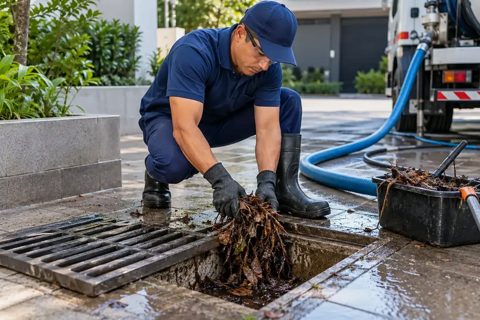 Profissionais limpando uma rede pluvial em Ituiutaba.