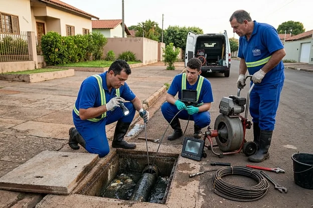 Técnicos identificando sinais de entupimento em tubulações em Ituiutaba.