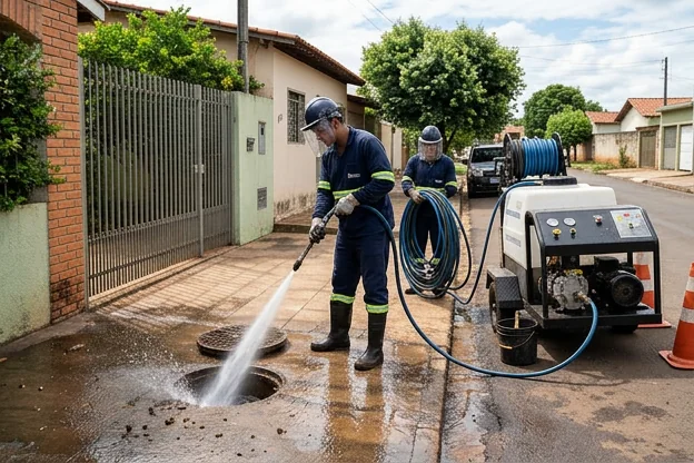 Técnicos realizando hidrojateamento em Ituiutaba.