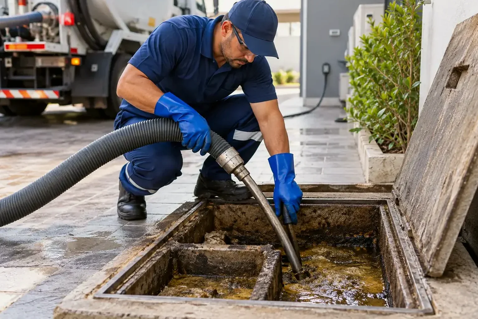 Técnicos realizando limpeza em caixa de gordura em Ituiutaba.