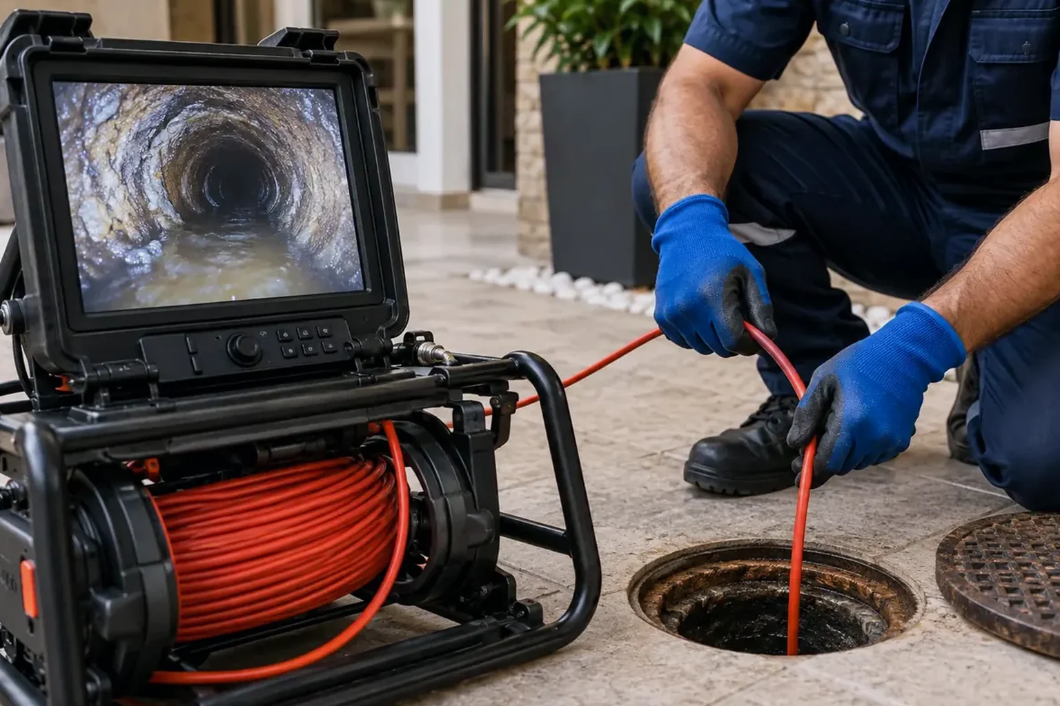 Técnicos utilizando câmera para inspecionar tubulações em Ituiutaba.